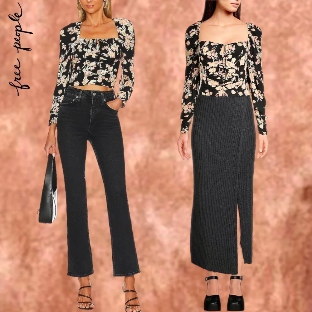FREE PEOPLE Hilary Square-Keyhole-Neck Long Sleeve Ruch-Smock Details Top Lg